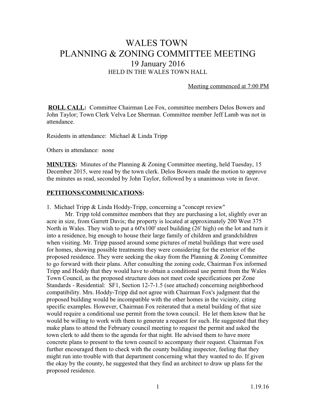 Wales Town Planning & Zoning Committee s1