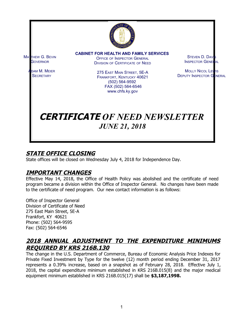 Certificate of Need Newsletter, June 2018