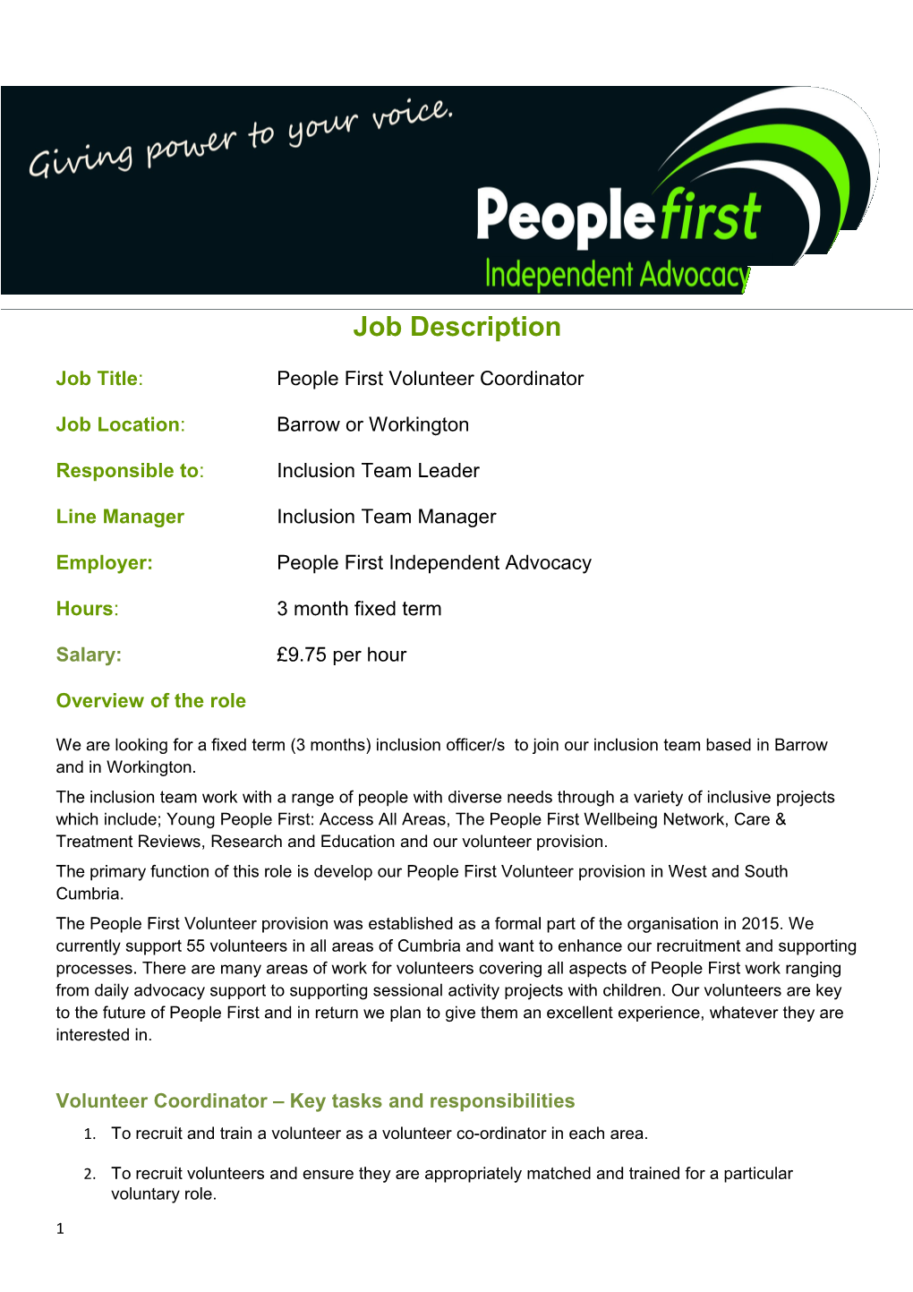 Job Title: People First Volunteer Coordinator