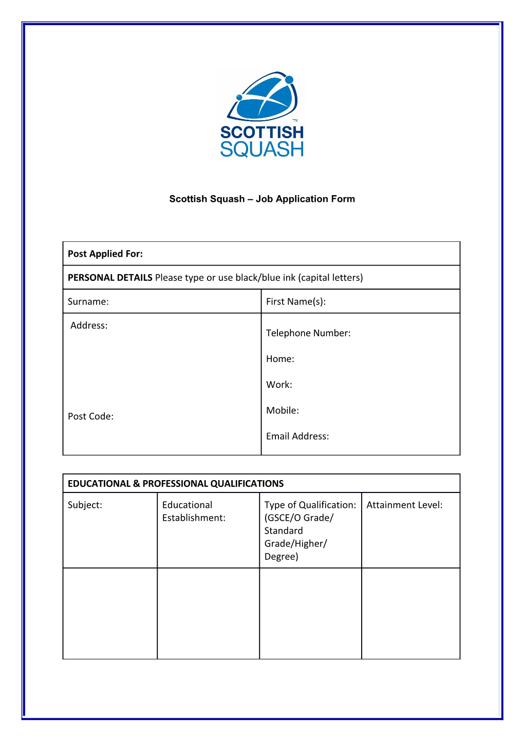 Scottish Squash Job Application Form
