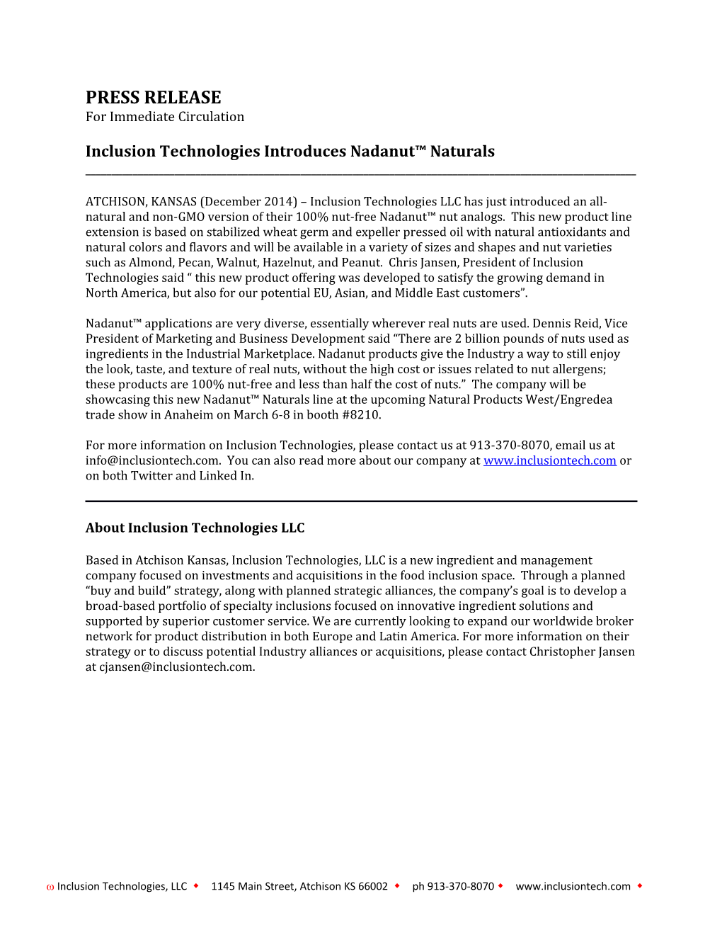 Inclusion Technologies Introduces Nadanut Naturals