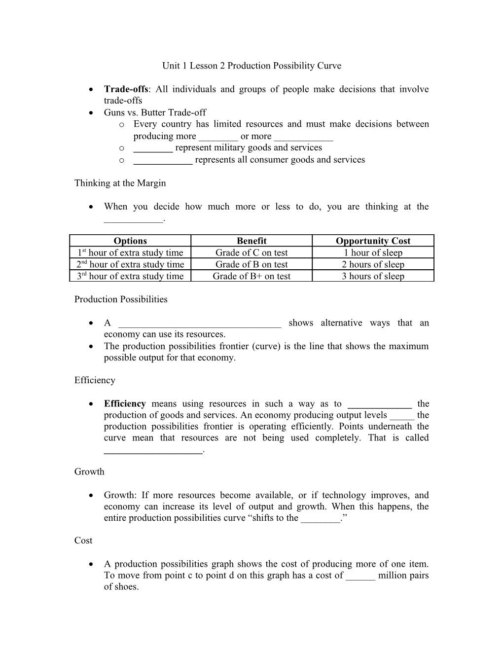 Unit 1 Lesson 2 Production Possibility Curve