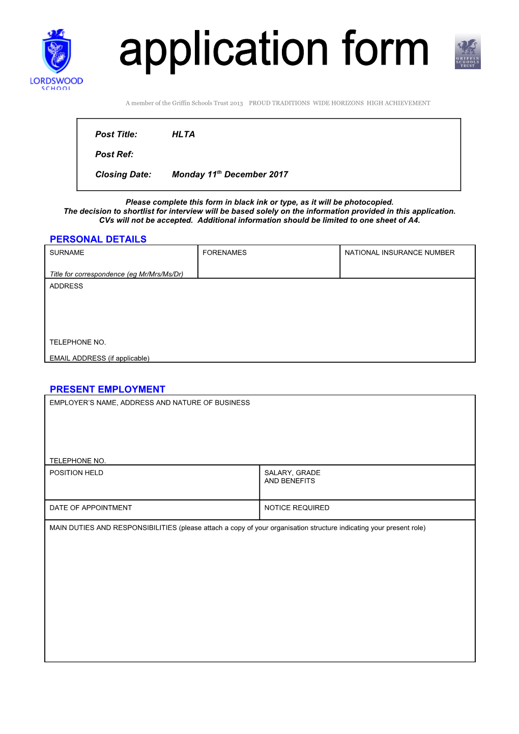 Please Complete This Form in Black Ink Or Type, As It Will Be Photocopied