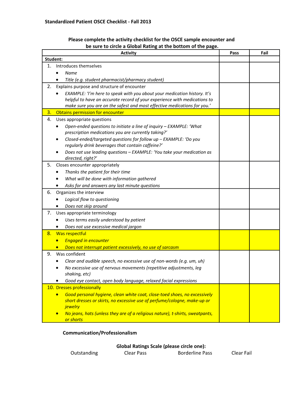Standardized Patient OSCE Checklist - Fall 2013