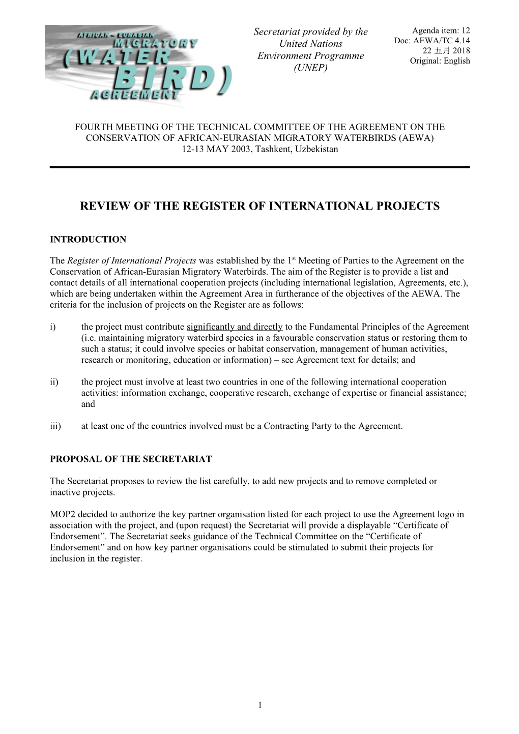 Review of the Register of International Projects