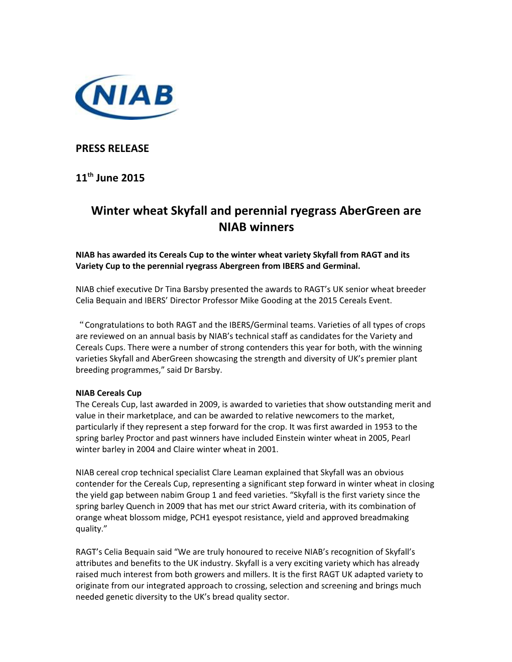 Winter Wheat Skyfall and Perennial Ryegrass Abergreen Are NIAB Winners