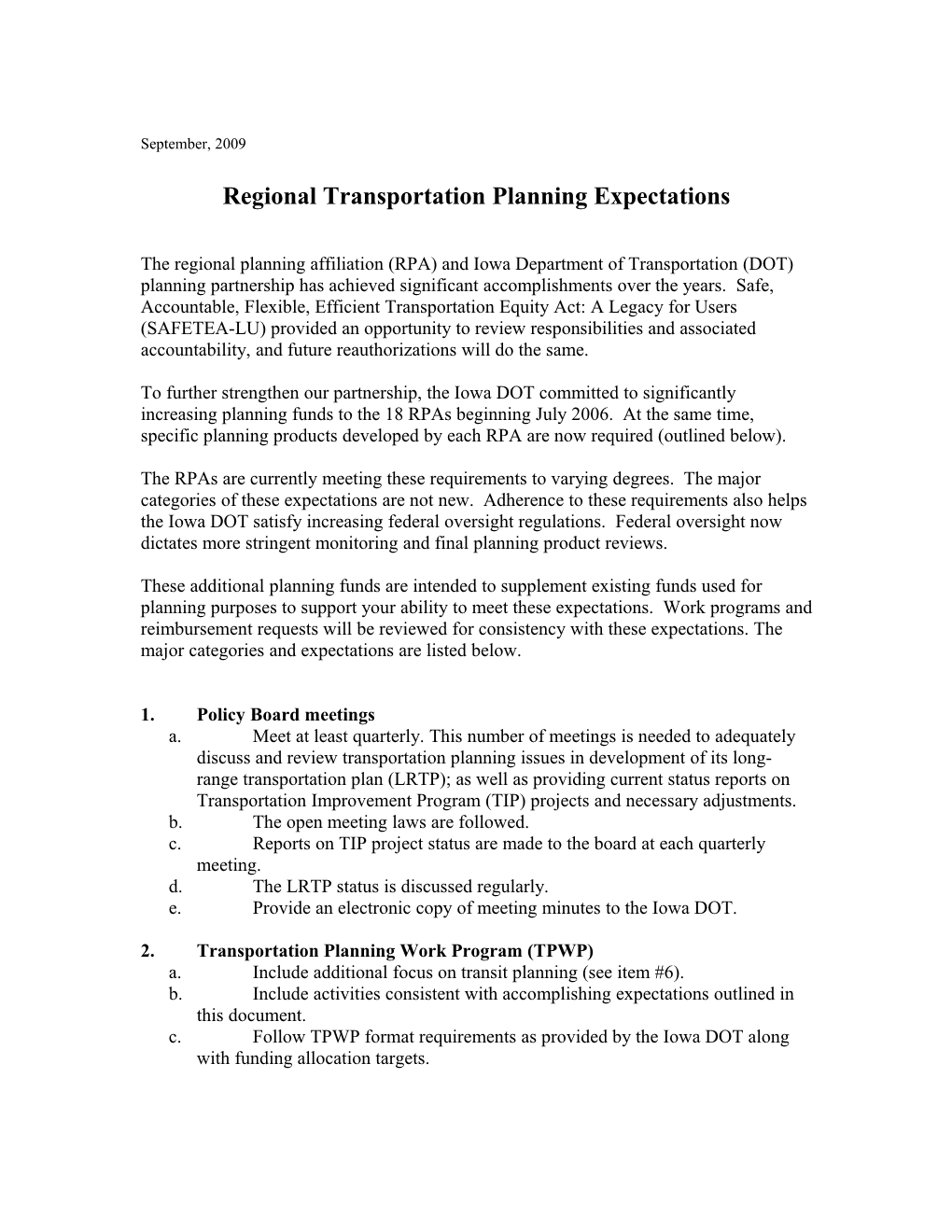 Regional Transportation Planning Expectations