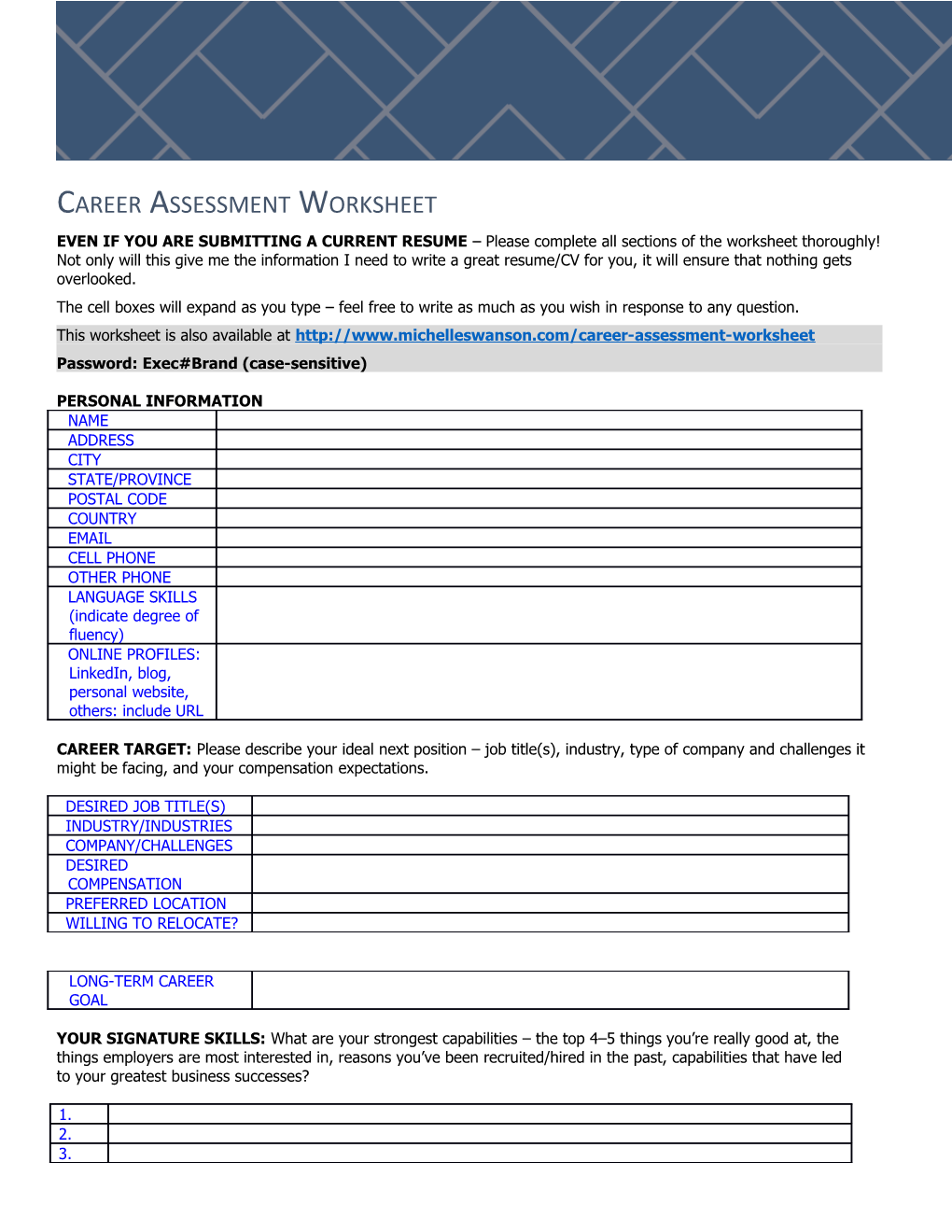 Career Assessment Worksheet