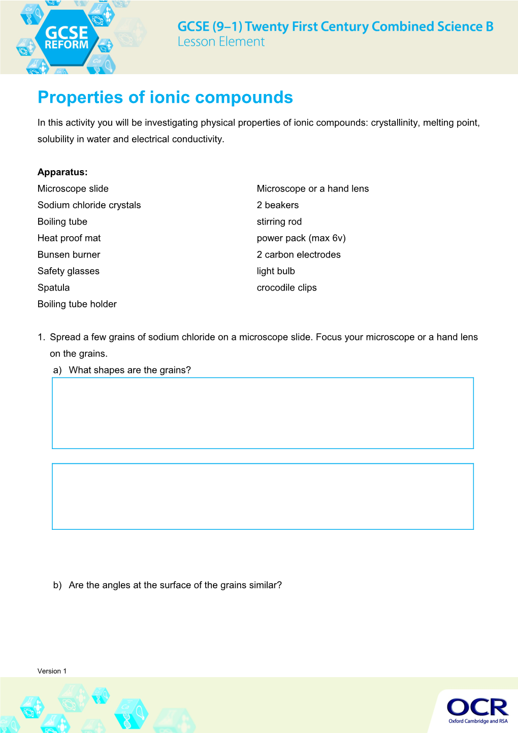 GCSE (9-1) Twenty First Century Combined Science B Lesson Element Learner Activity, Properties