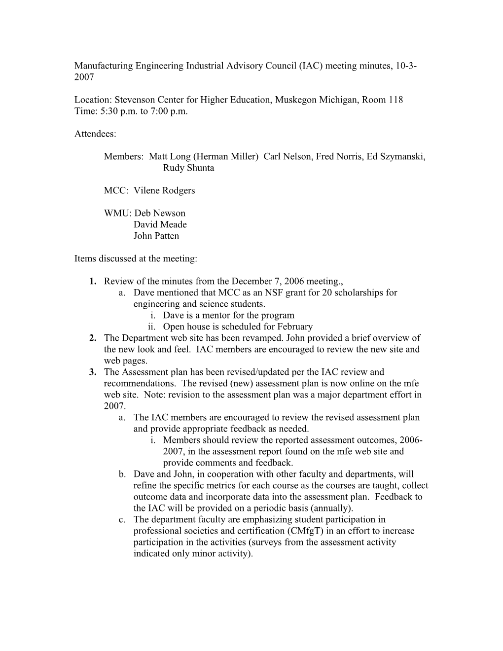 Manufacturing Engineering Industrial Advisory Council (IAC) Meeting Minutes, 10-3-2007