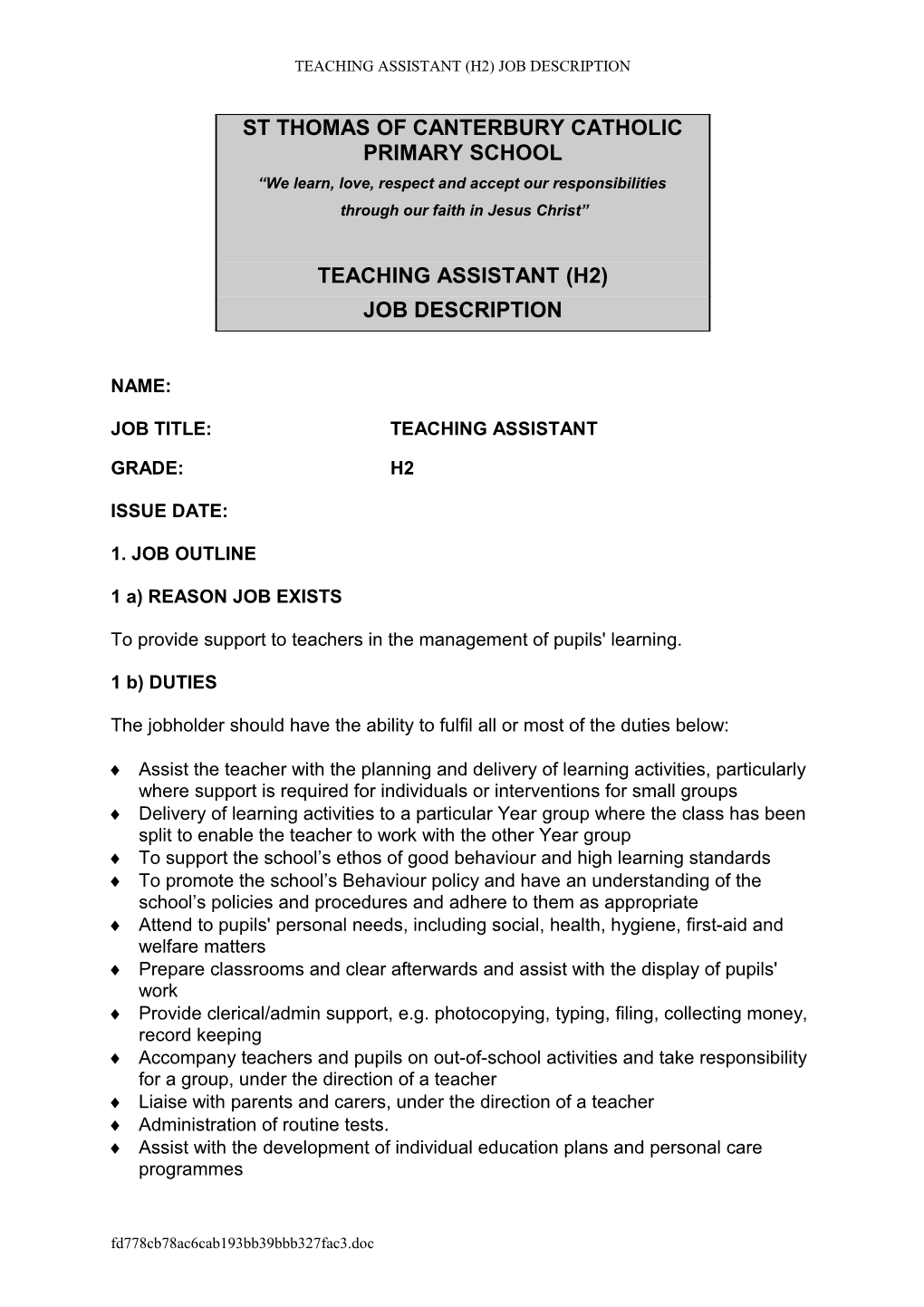 Model Job Description - Teaching Assistant - Level B