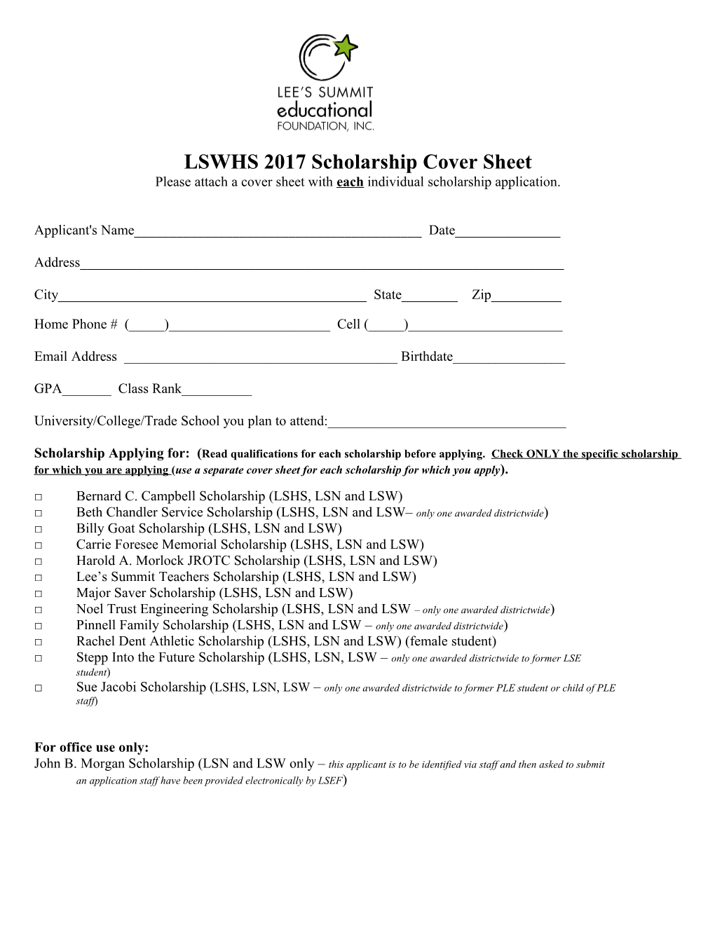 LSWHS 2017 Scholarship Cover Sheet