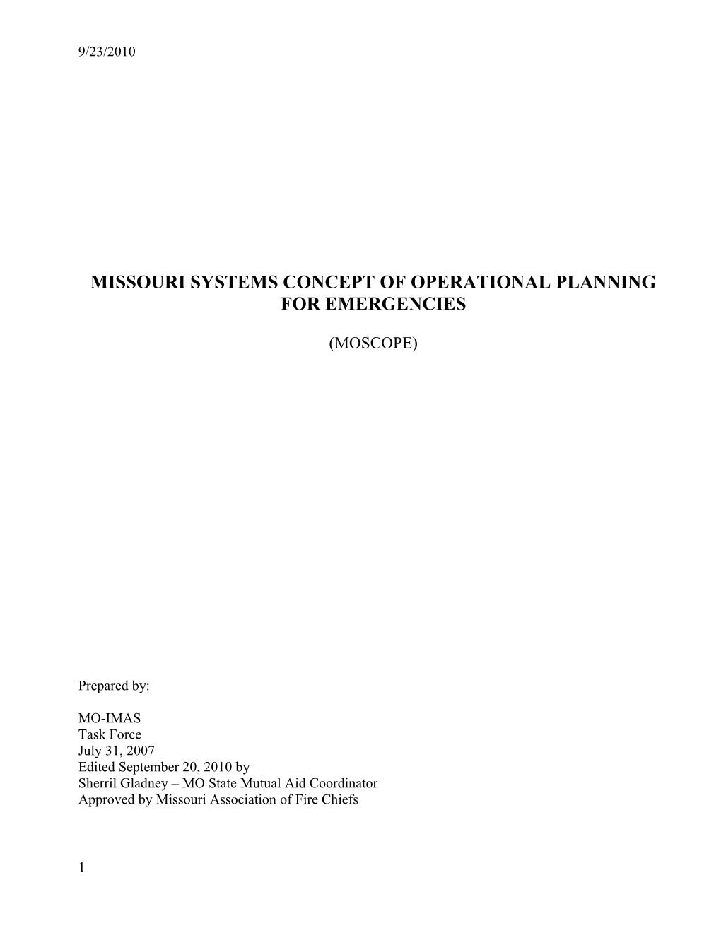 Missouri Systems Concept of Operational Planning for Emergencies