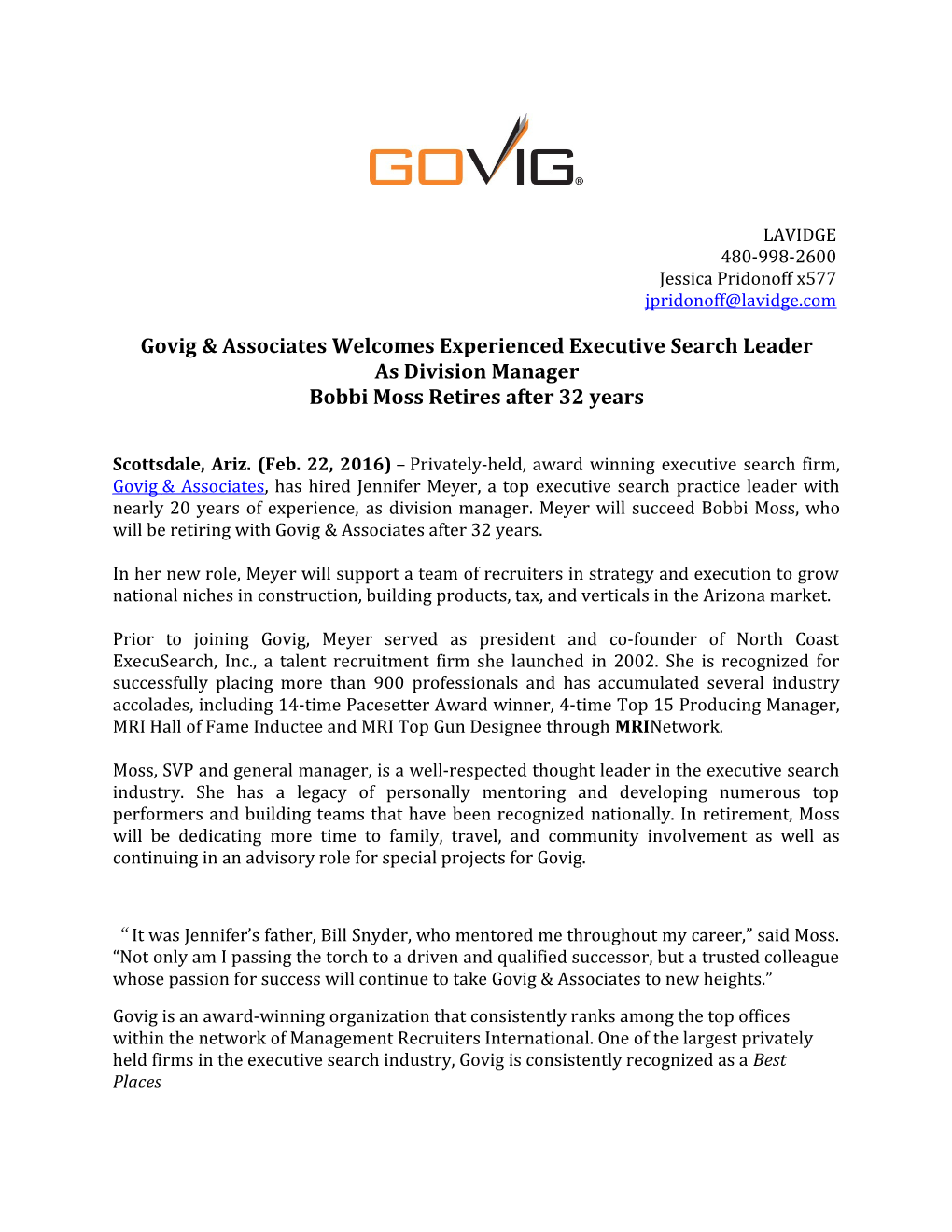 Govig & Associates Welcomes Experienced Executive Search Leader