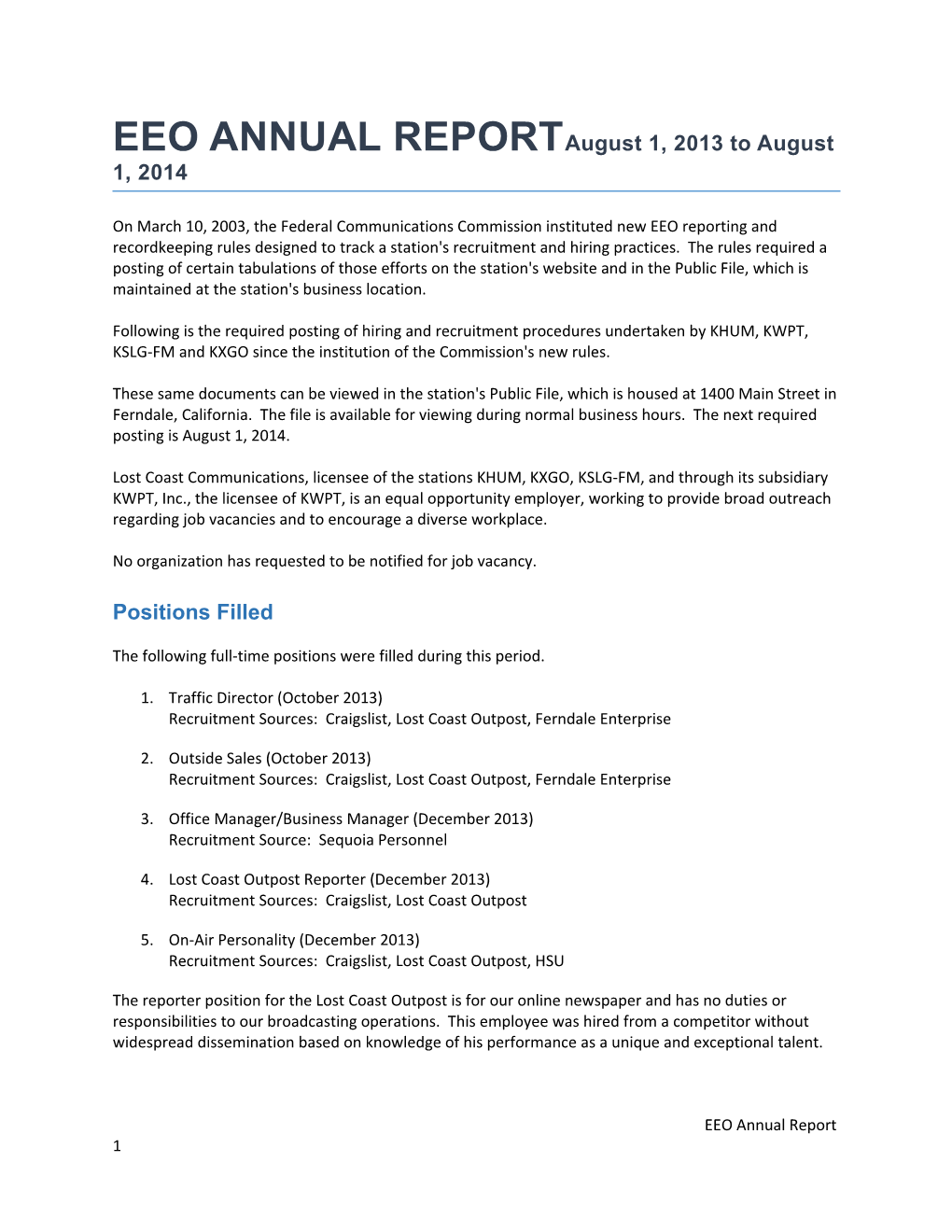 EEO ANNUAL REPORT August 1, 2013 to August 1, 2014