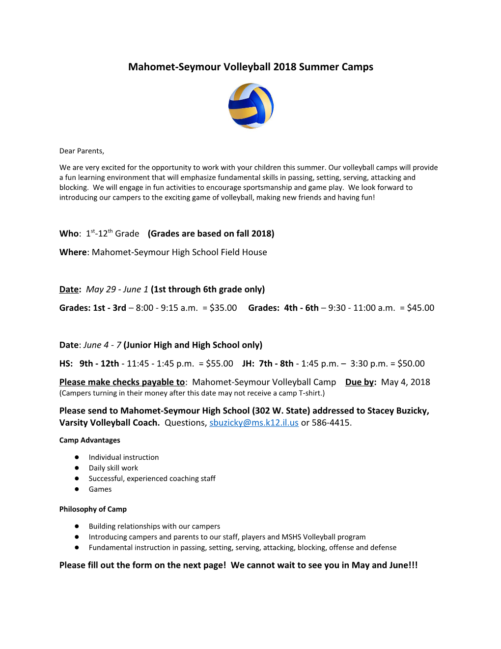 Mahomet-Seymour Volleyball 2018 Summer Camps