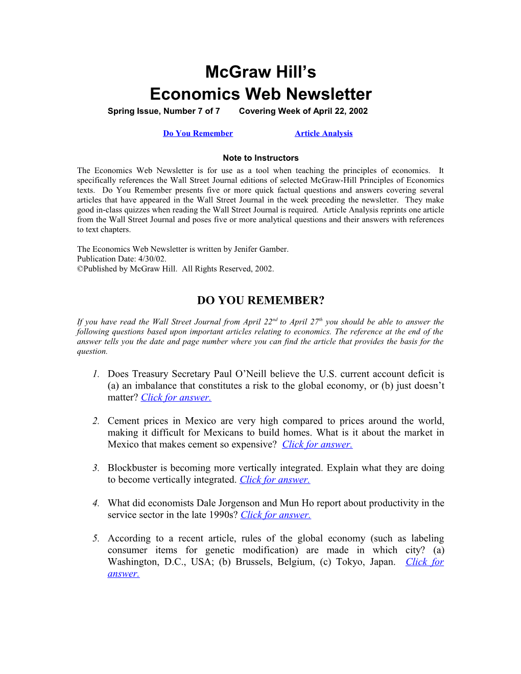 Economics Web Newsletter