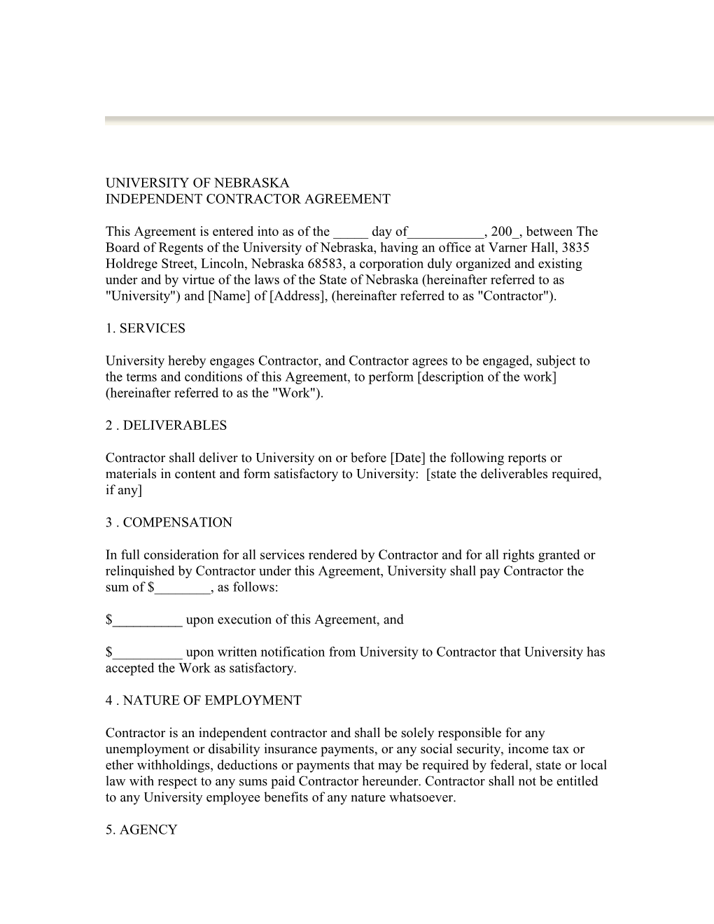 University of Nebraska Independent Contractor Agreement