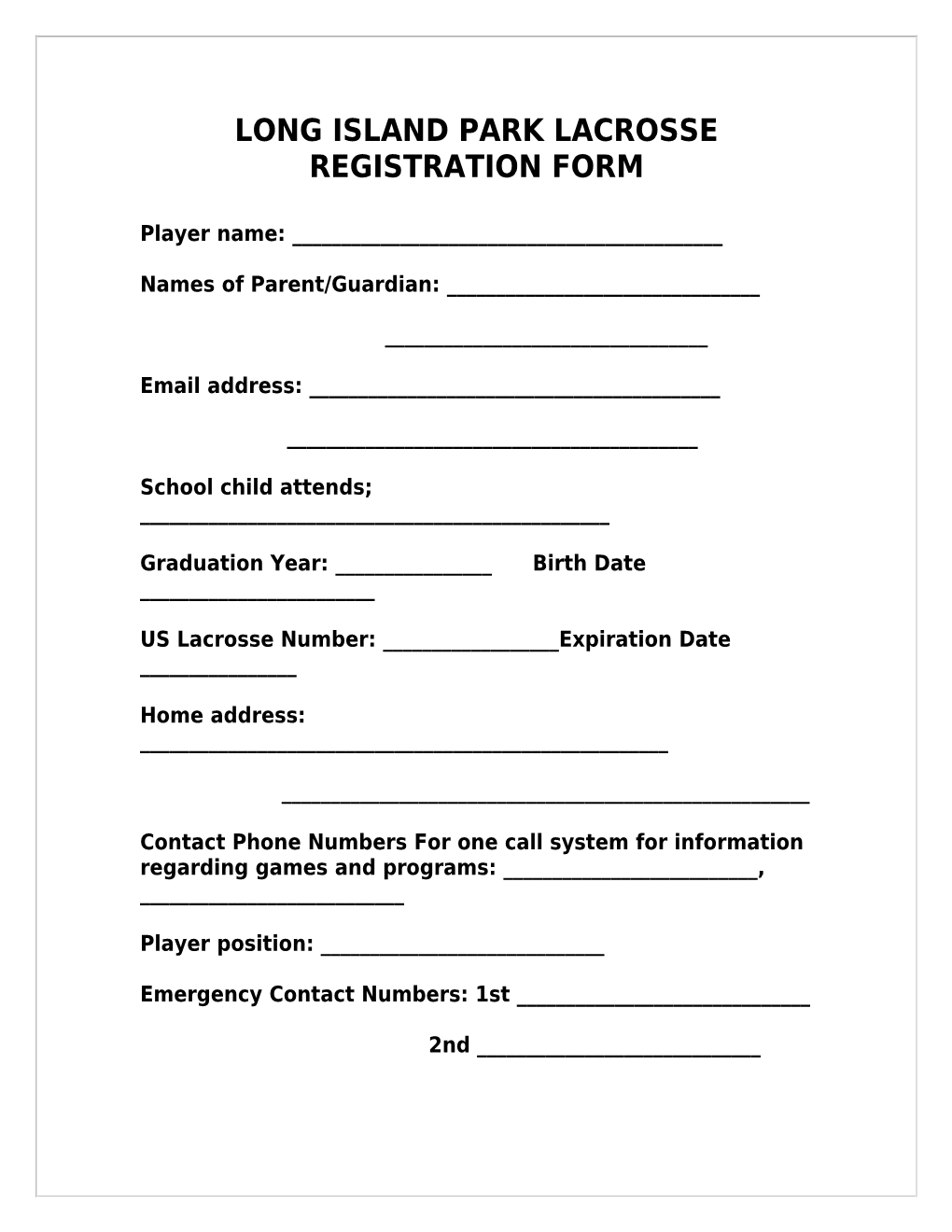 Park Lacrosse Registration Form
