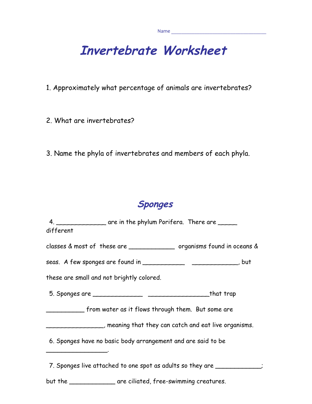 Online Invertebrate Sponge Worksheet