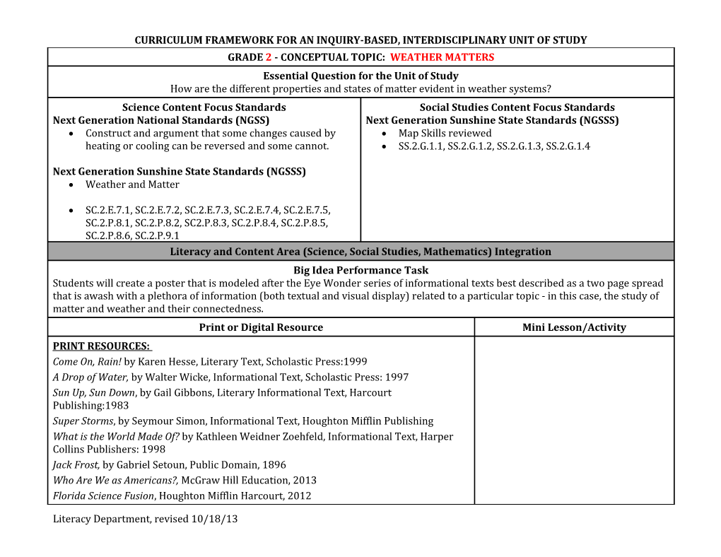 Curriculum Framework for an Inquiry-Based, Interdisciplinary Unit of Study