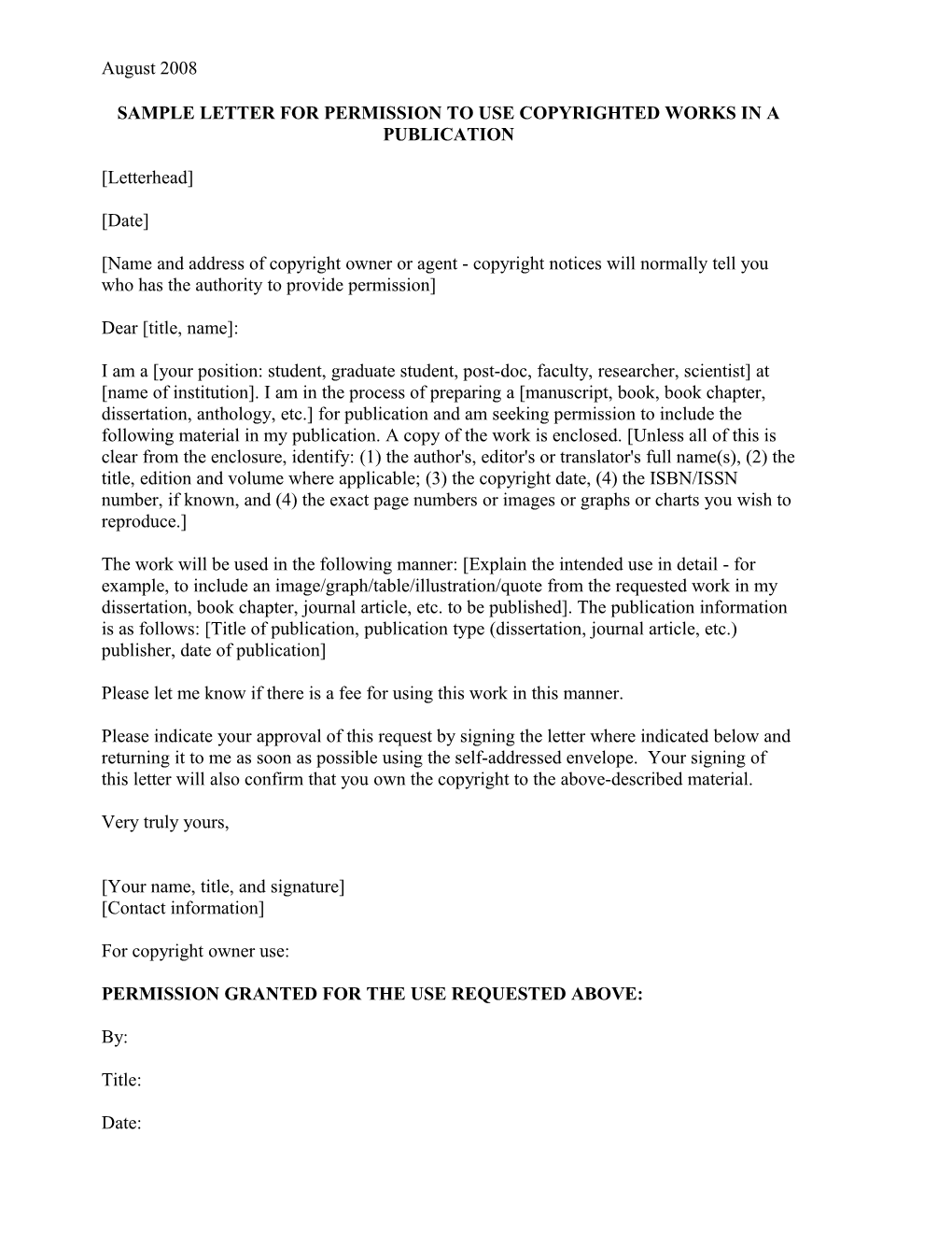 Sample Letter For Permission To Use Copyrighted Works In A Publication