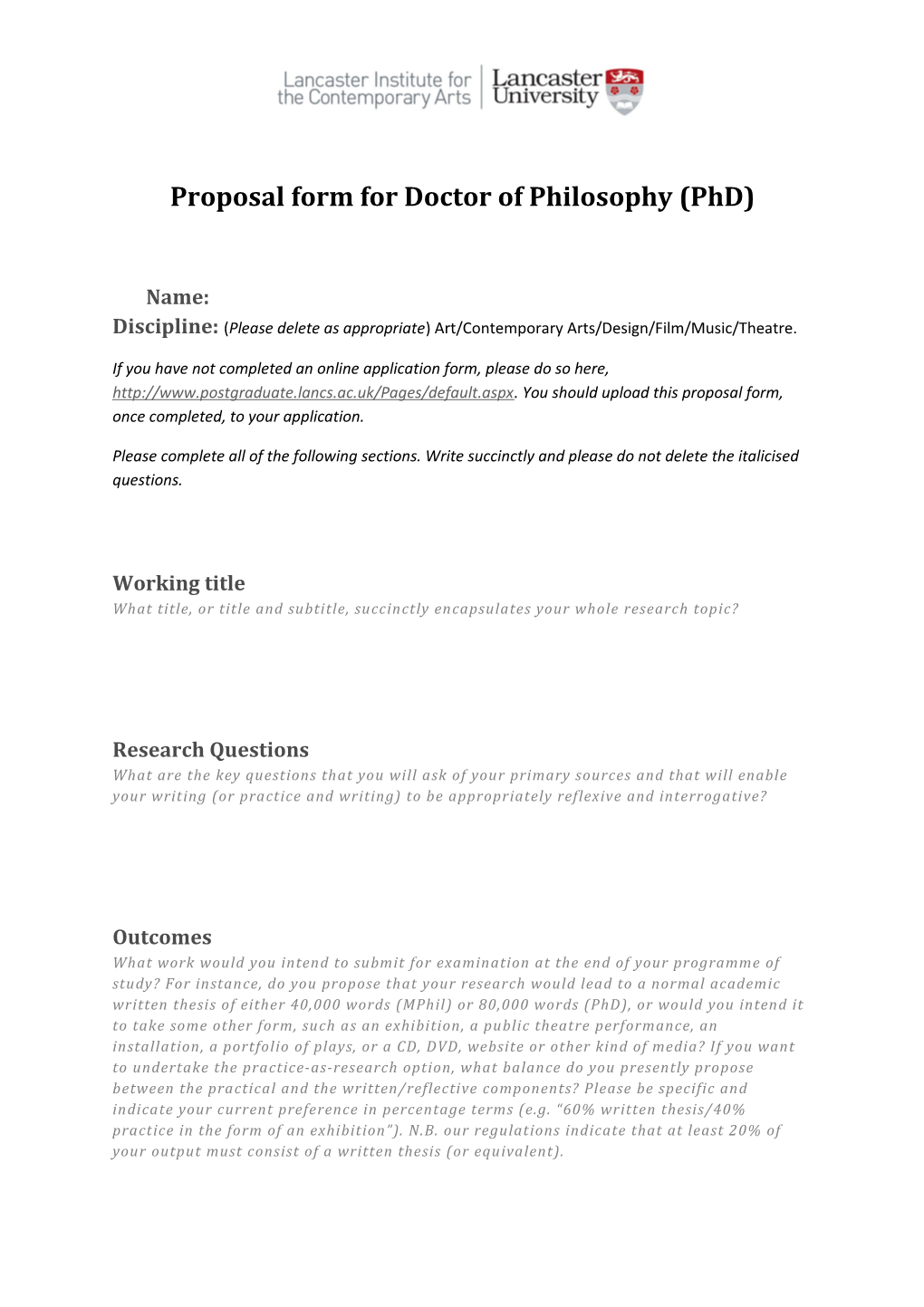 Proposal Form for Doctor of Philosophy (Phd)