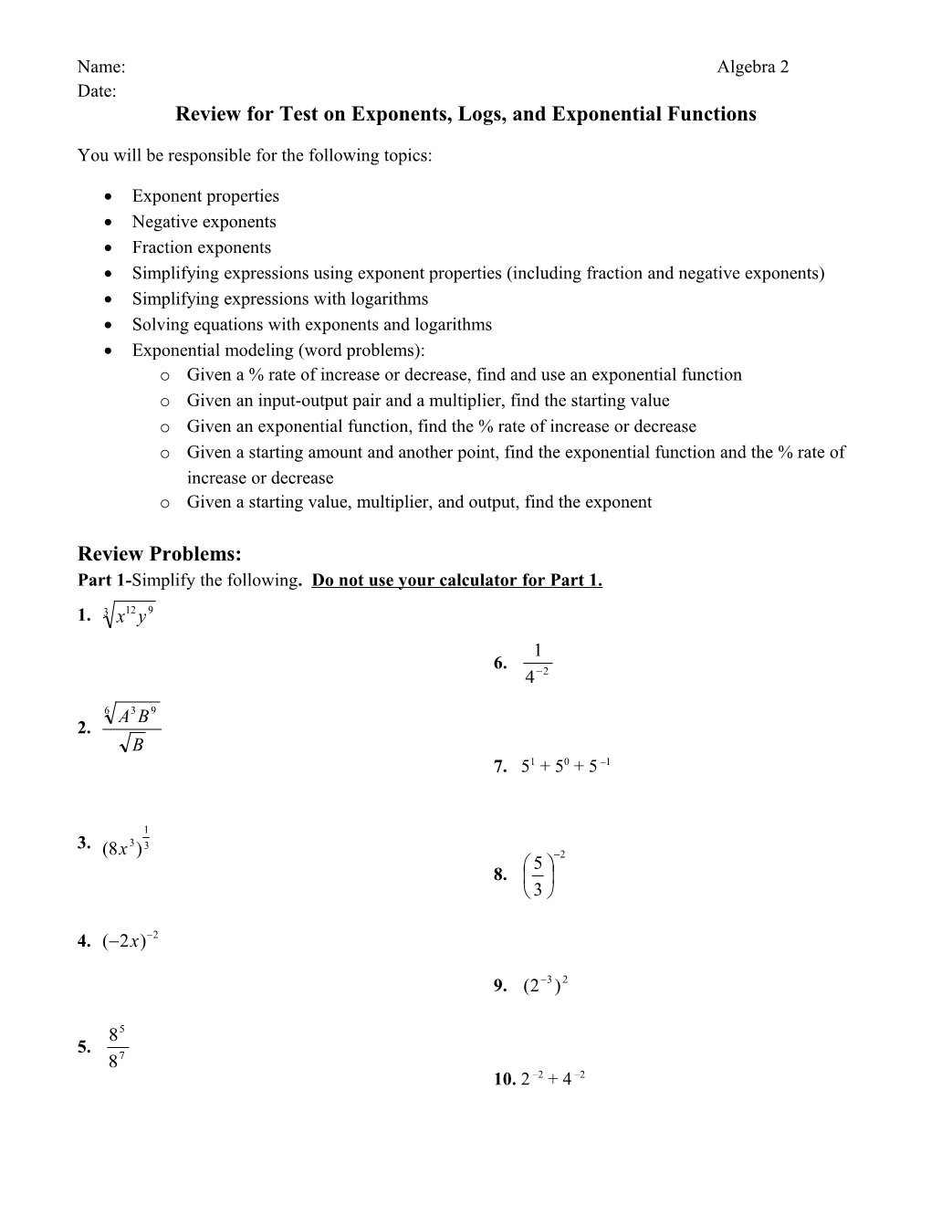 Review Problems For Test On Exponents And Exponential Functions: