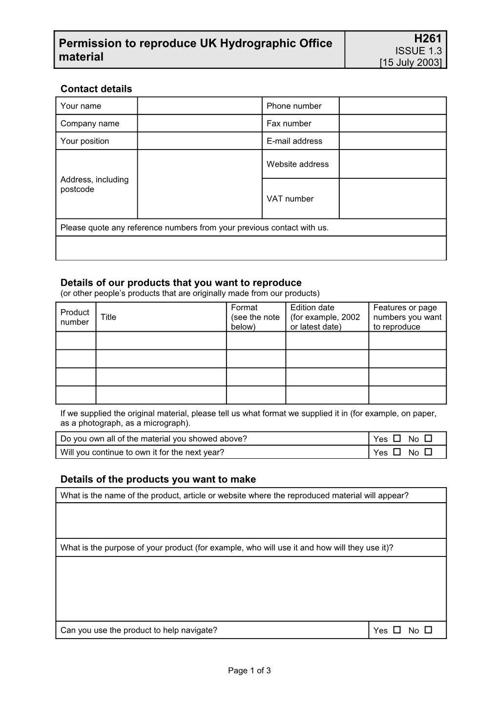 Please Return This Form to the Copyright Section, by Post to the UK Hydrographic Office