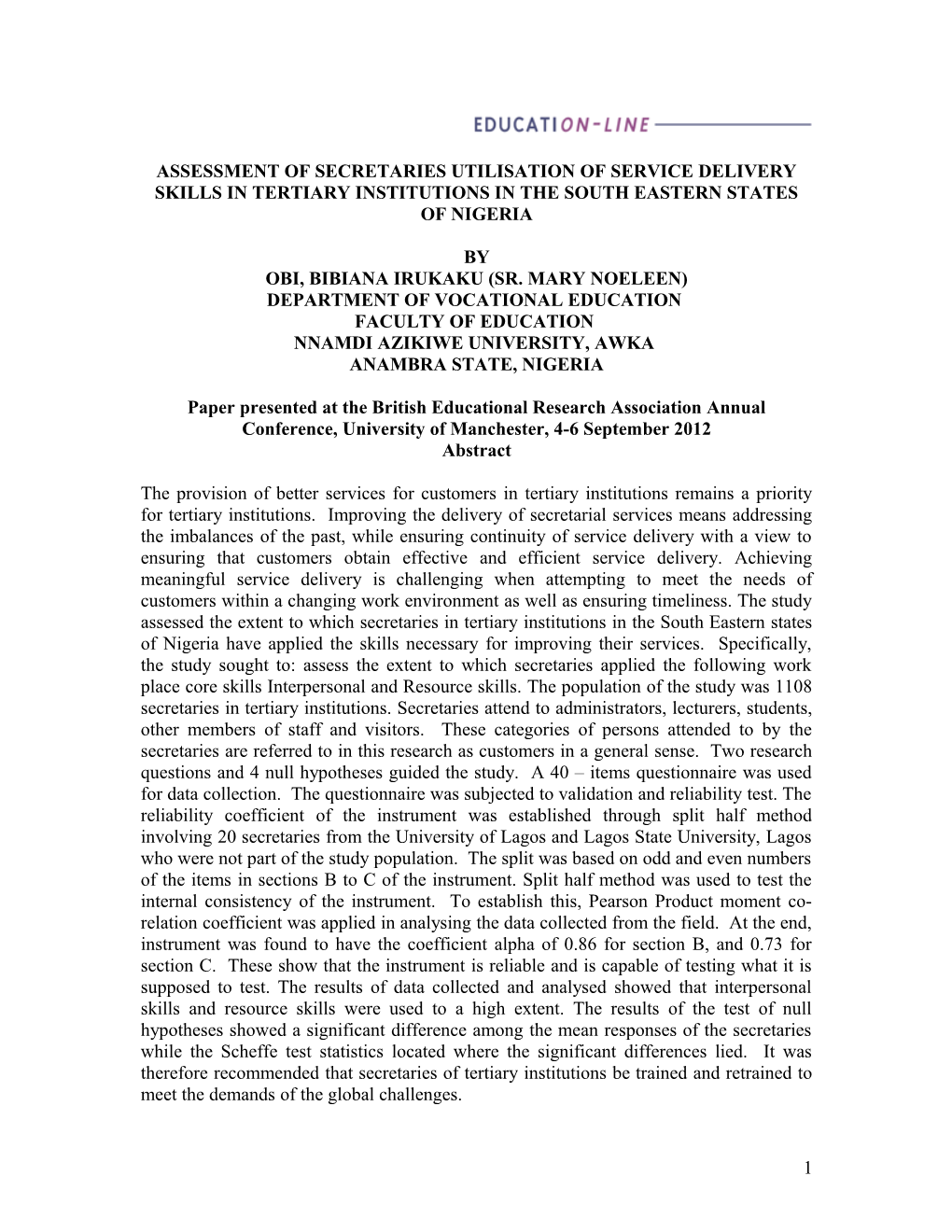 Assessment of Secretaries' Utilization of Service Delivery Skills in the Tertiary Institutions