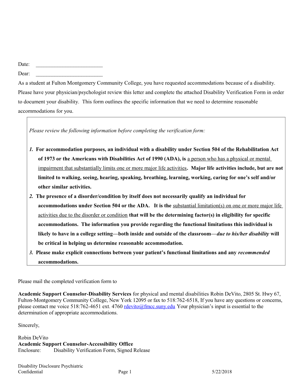 Verification Form for Psychiatric Disabilities