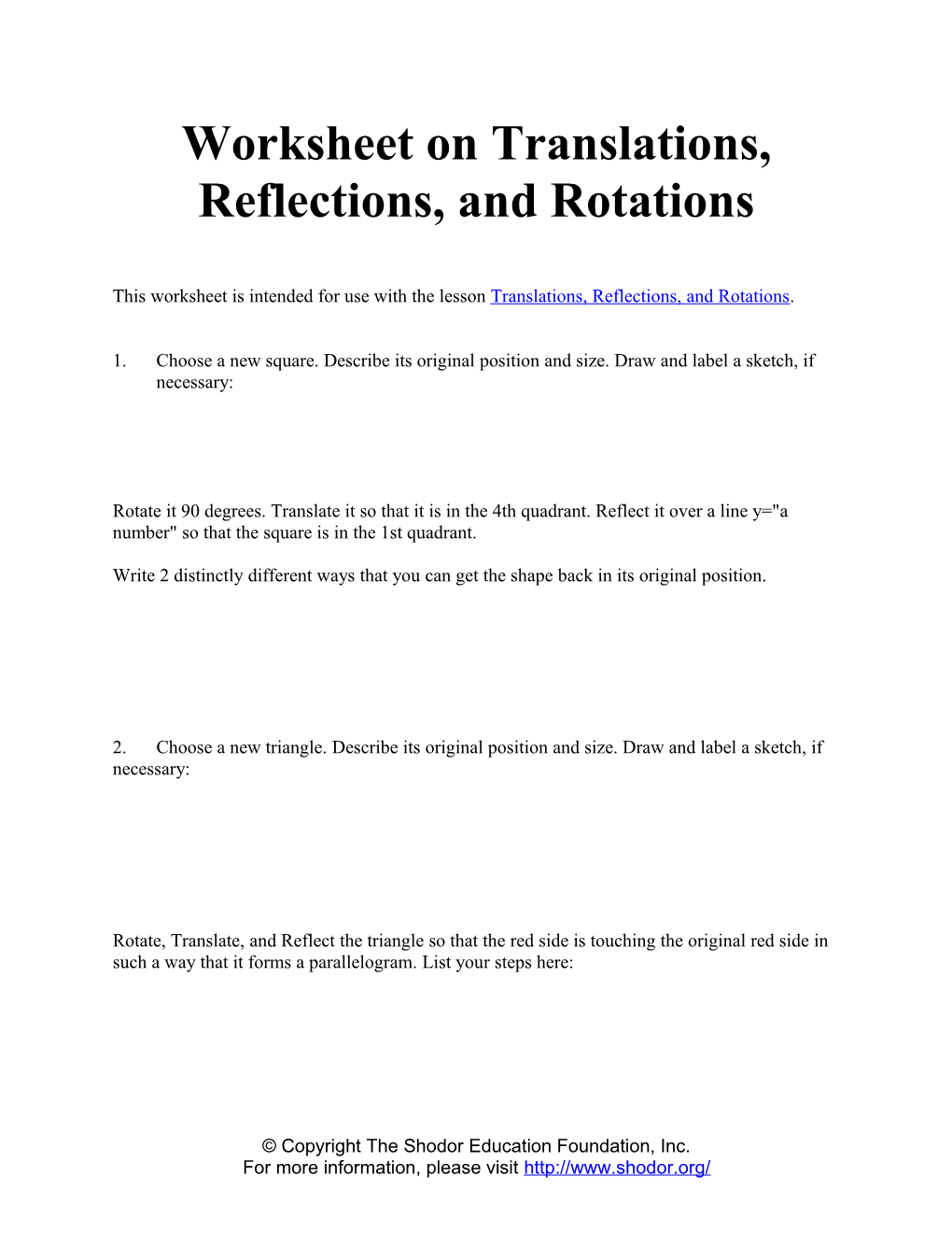Worksheet on Translations, Reflections, and Rotations