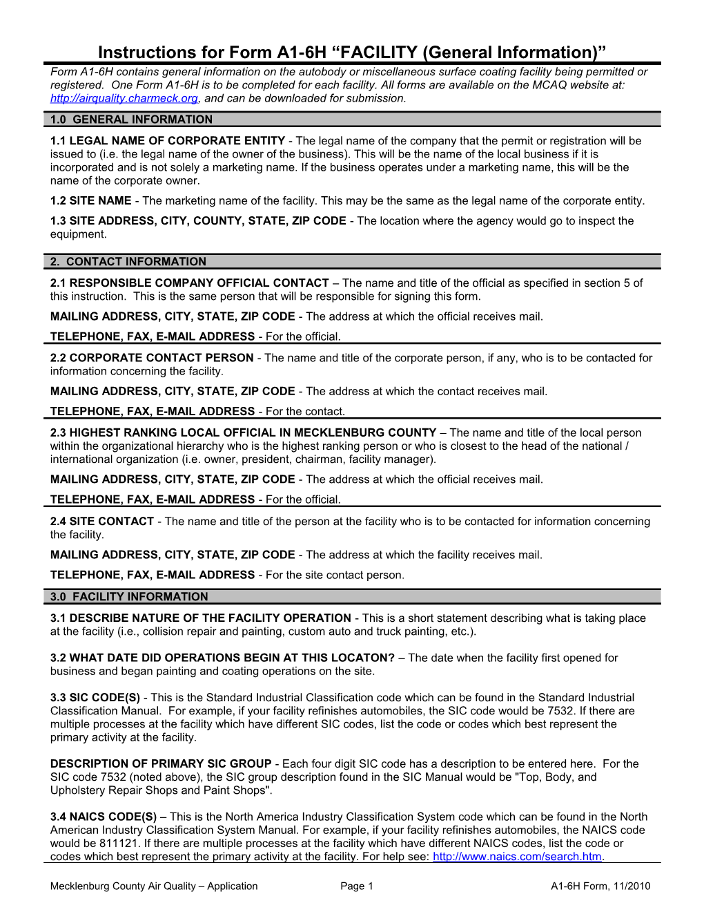 Instructions for Form A1-6H FACILITY (General Information)