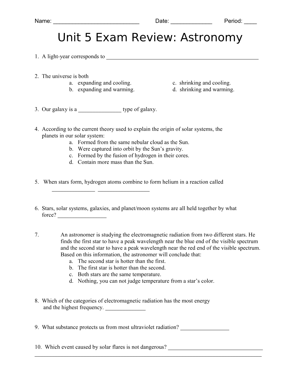 Unit 5 Exam Review: Astronomy