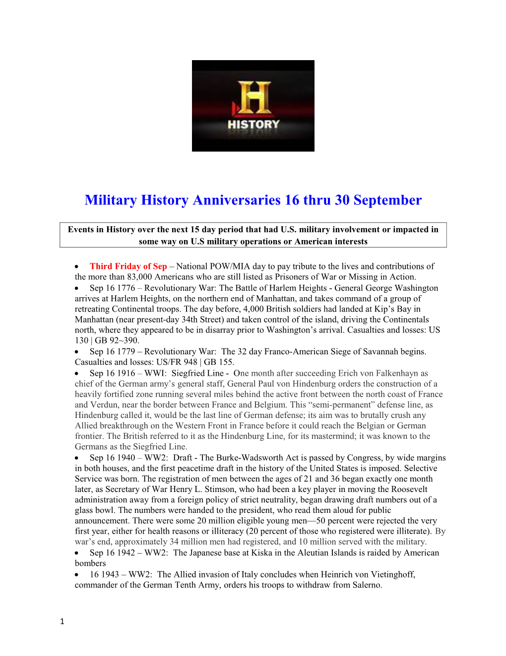 Military History Anniversaries 16 Thru 30 September