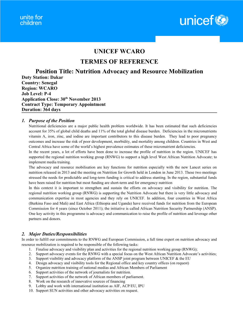 Position Title: Nutrition Advocacy and Resource Mobilization