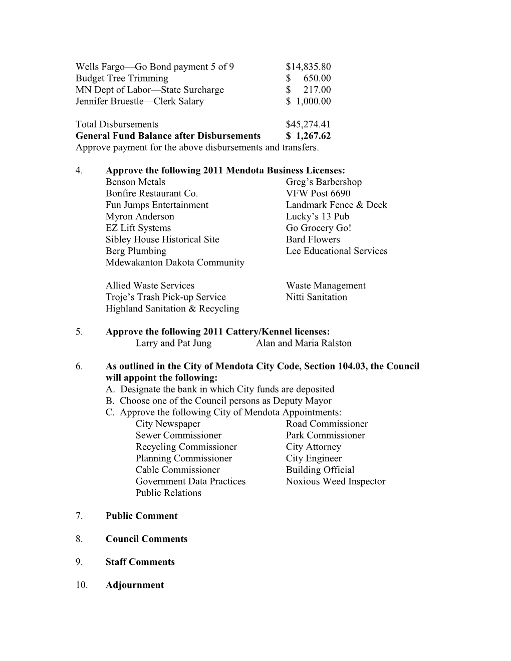 Agenda for January 10, 2011 Mendota City Council Meeting