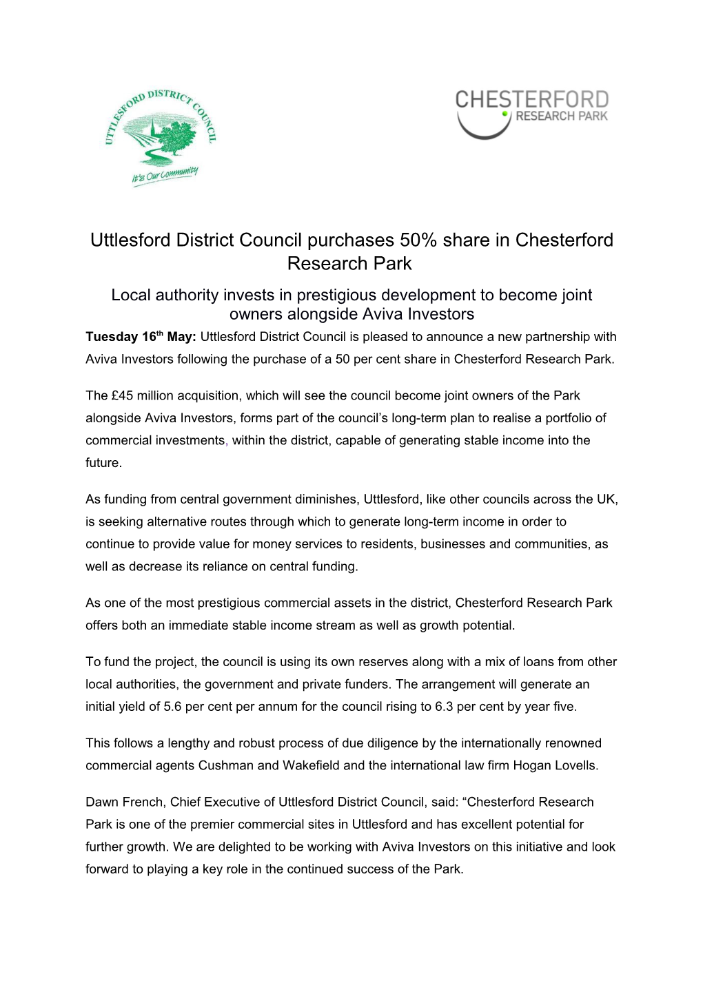 Uttlesford District Council Purchases 50% Share in Chesterford Research Park