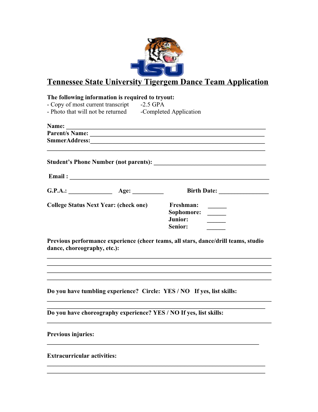 University of North Dakota Cheer/Dance Team Application