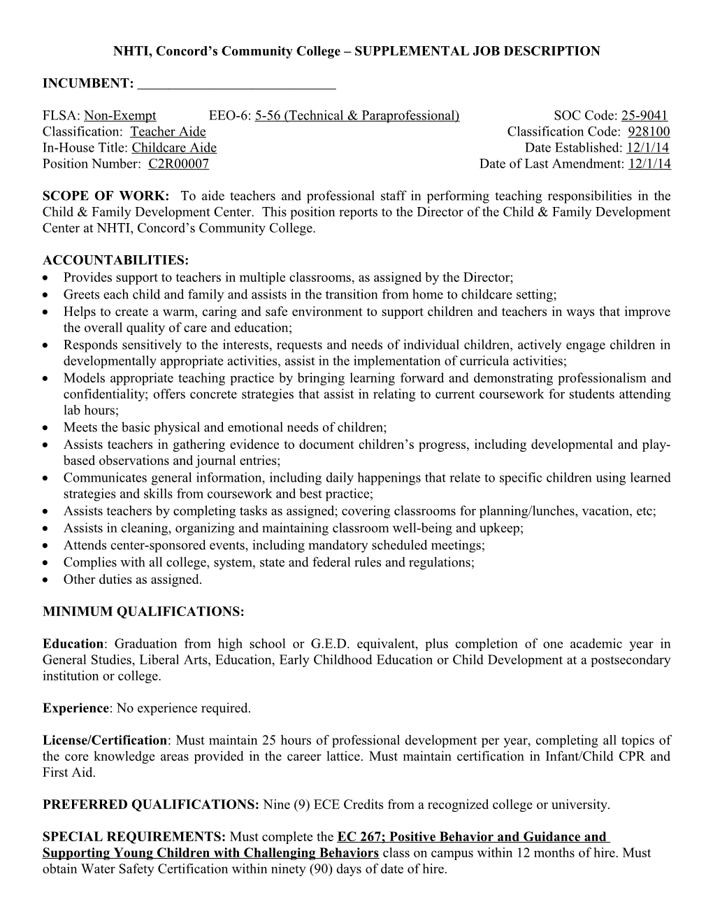 New Hampshire Technical Institute Supplemental Job Description