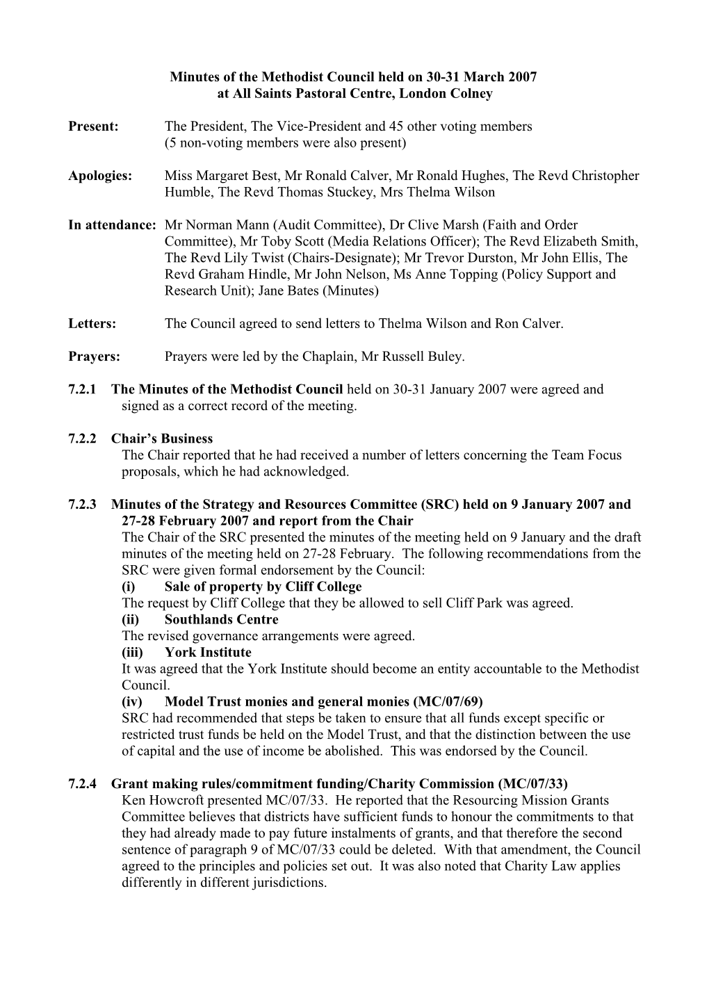 Minutes of the Methodist Council Held on 30-31 March 2007