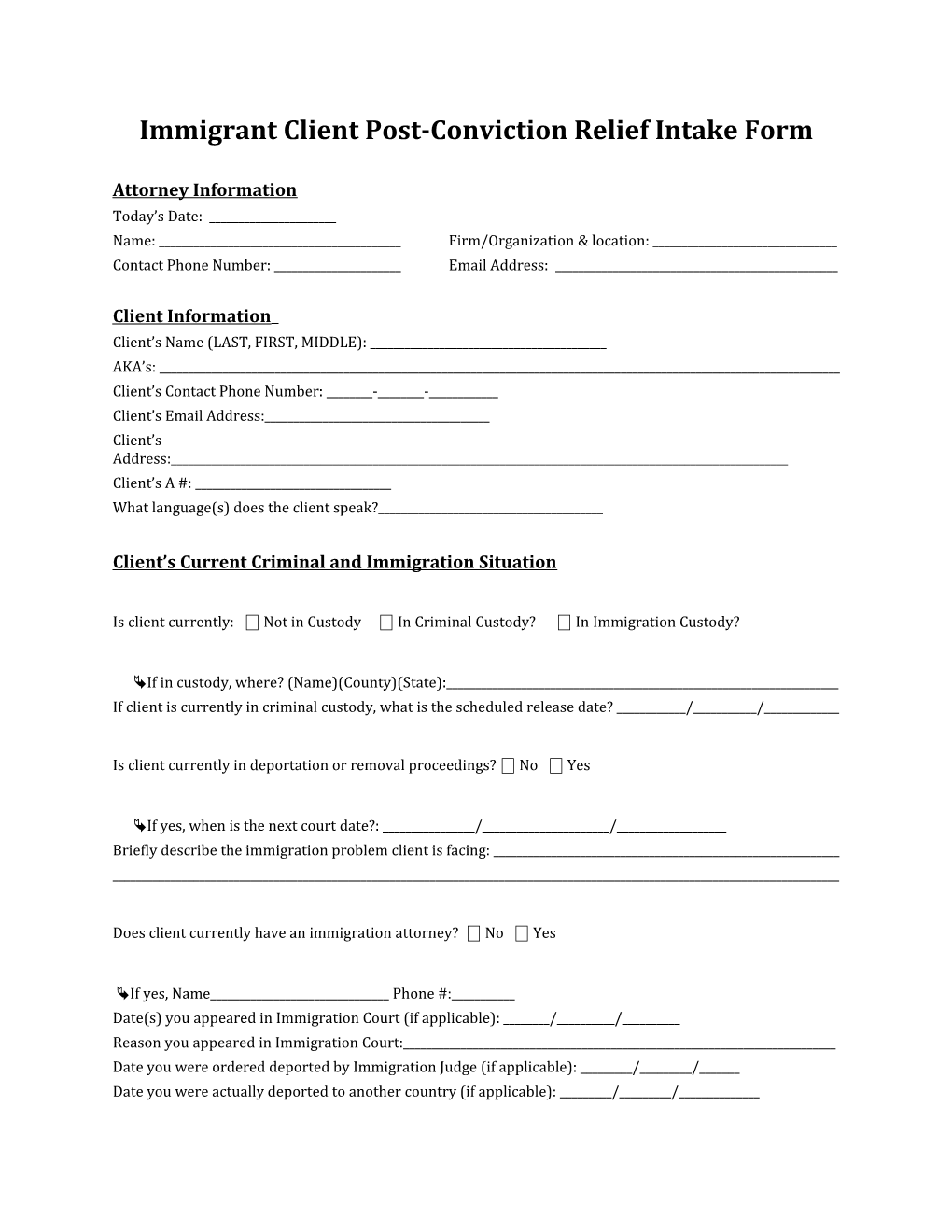 Immigrant Client Post-Conviction Relief Intake Form