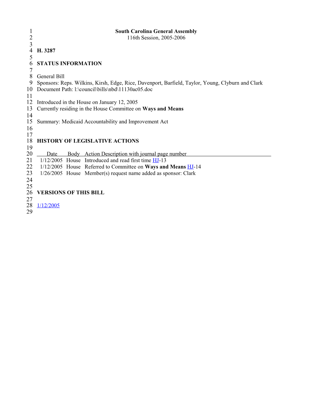 2005-2006 Bill 3287: Medicaid Accountability and Improvement Act - South Carolina Legislature