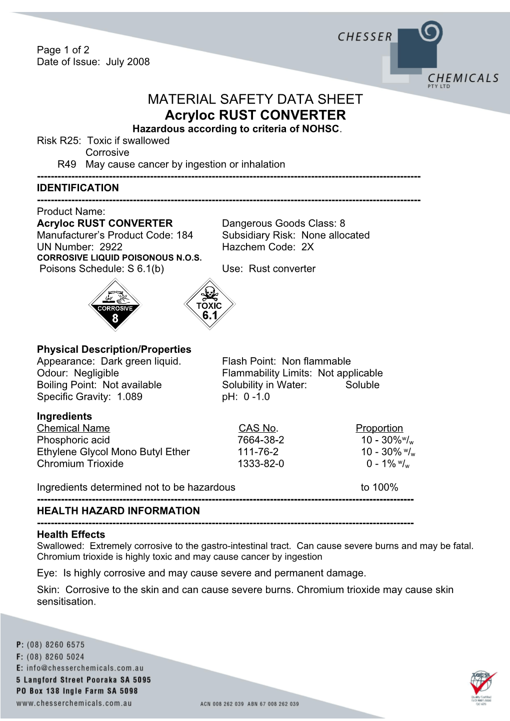 Material Safety Data Sheet s86