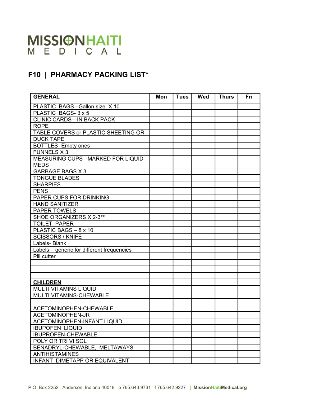 F10 Pharmacy Packing List*