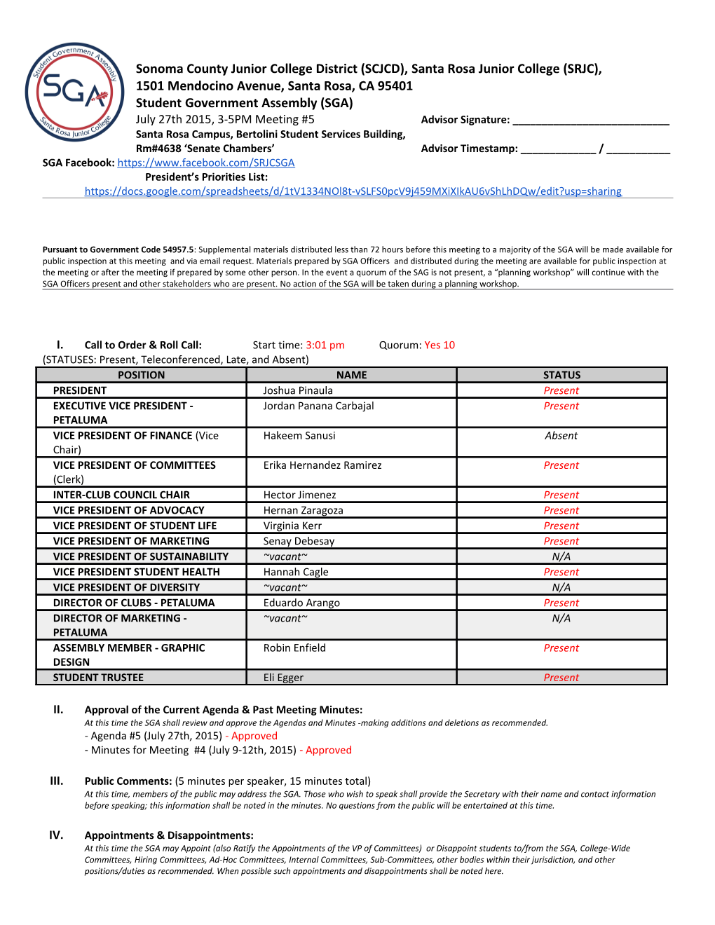 Sonoma County Junior College District (SCJCD), Santa Rosa Junior College (SRJC)