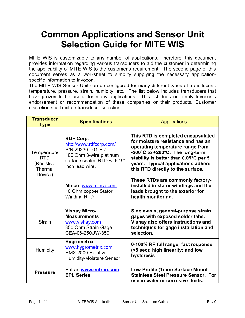 Common Applications and Sensor Unit Selection Guide