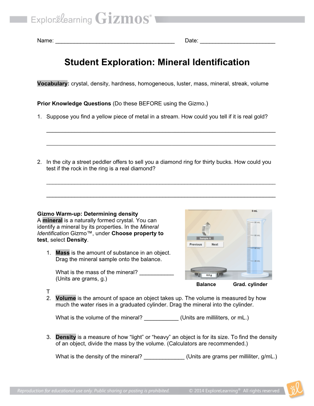 Student Exploration: Mineral Identification