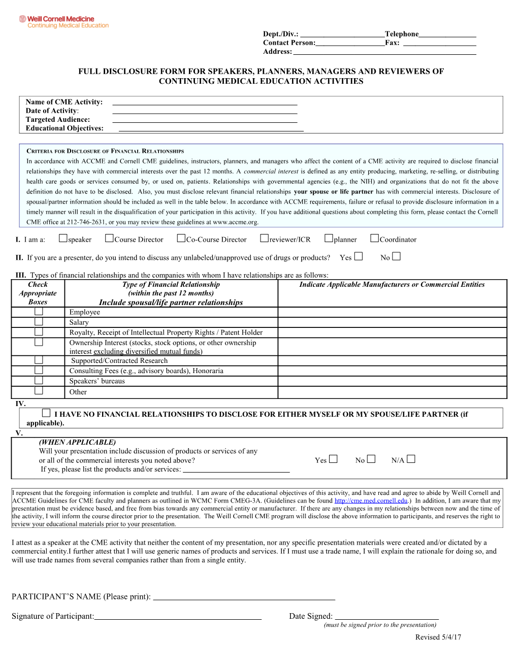 FACULTY DISCLOSURE GUIDELINES and FORM