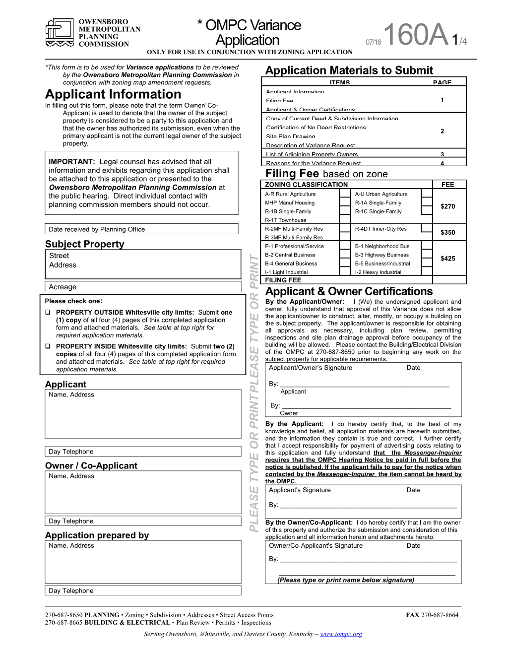 *This Form Is to Be Used for Variance Applications to Be Reviewed by the Owensboro Metropolitan